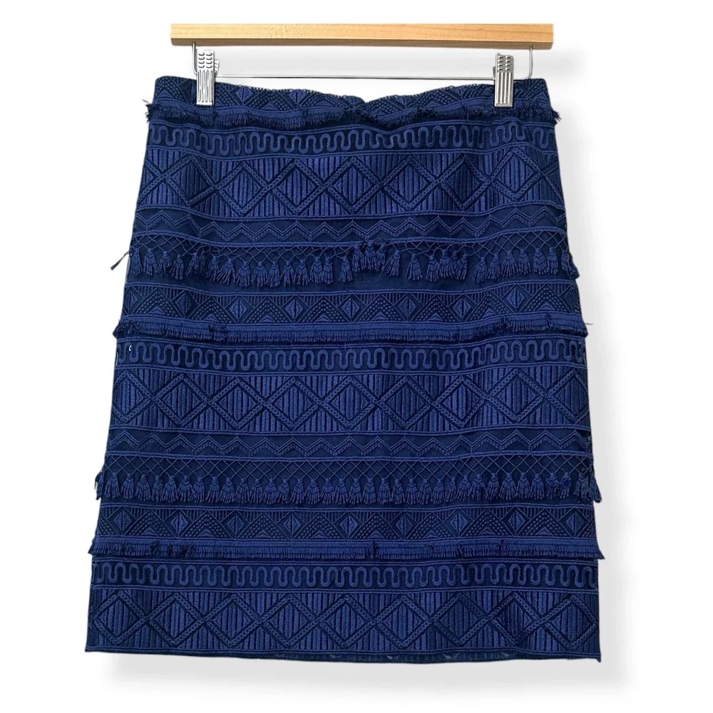 J.McLaughlin Pencil Skirt Blue‎ Embroidered Boho Preppy Luxe Coastal Womens 4